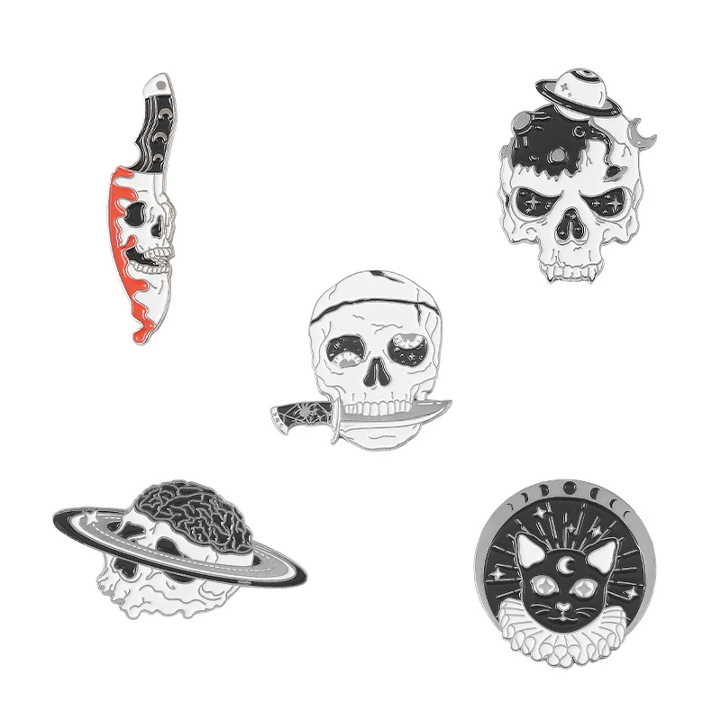 Skeleton Punk Enamel Pin Planet Knife Skull Black Cat Dark Gothic Style Brooch On Clothes Backpack Lapel Badges Jewelry