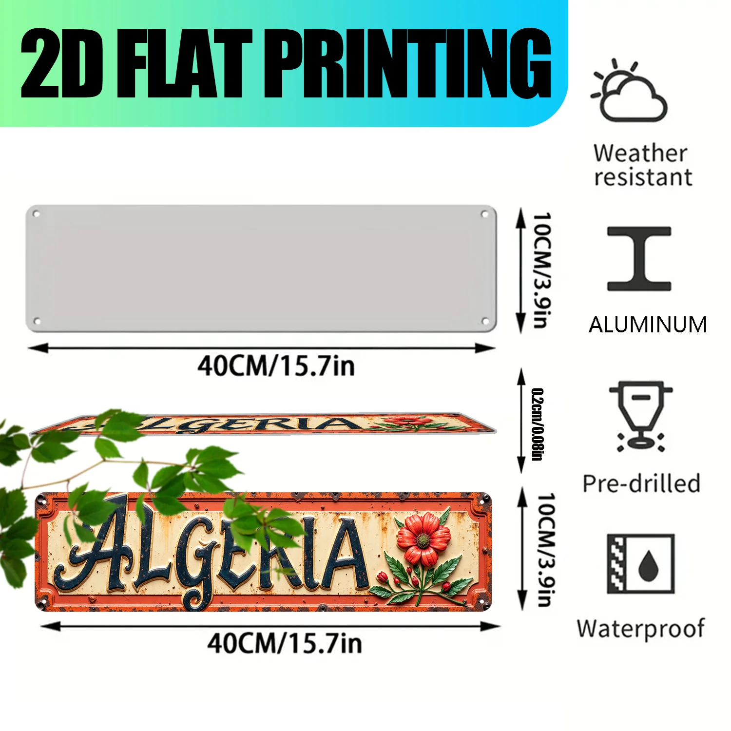 2D Flat, 1pc Vintage Algeria-Themed Aluminum Sign - 39.88x9.91 cm Rustic Wall Decor with Floral & Star Design, Perfect for Home,