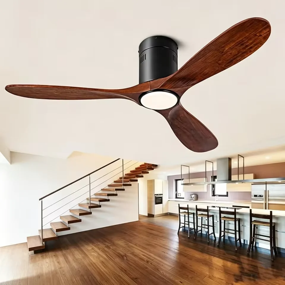 52 Inch Solid Wood Ceiling Fans Remote Control 32W Silent Ceiling Fan with Light Tricolor Light Living Room Lighting