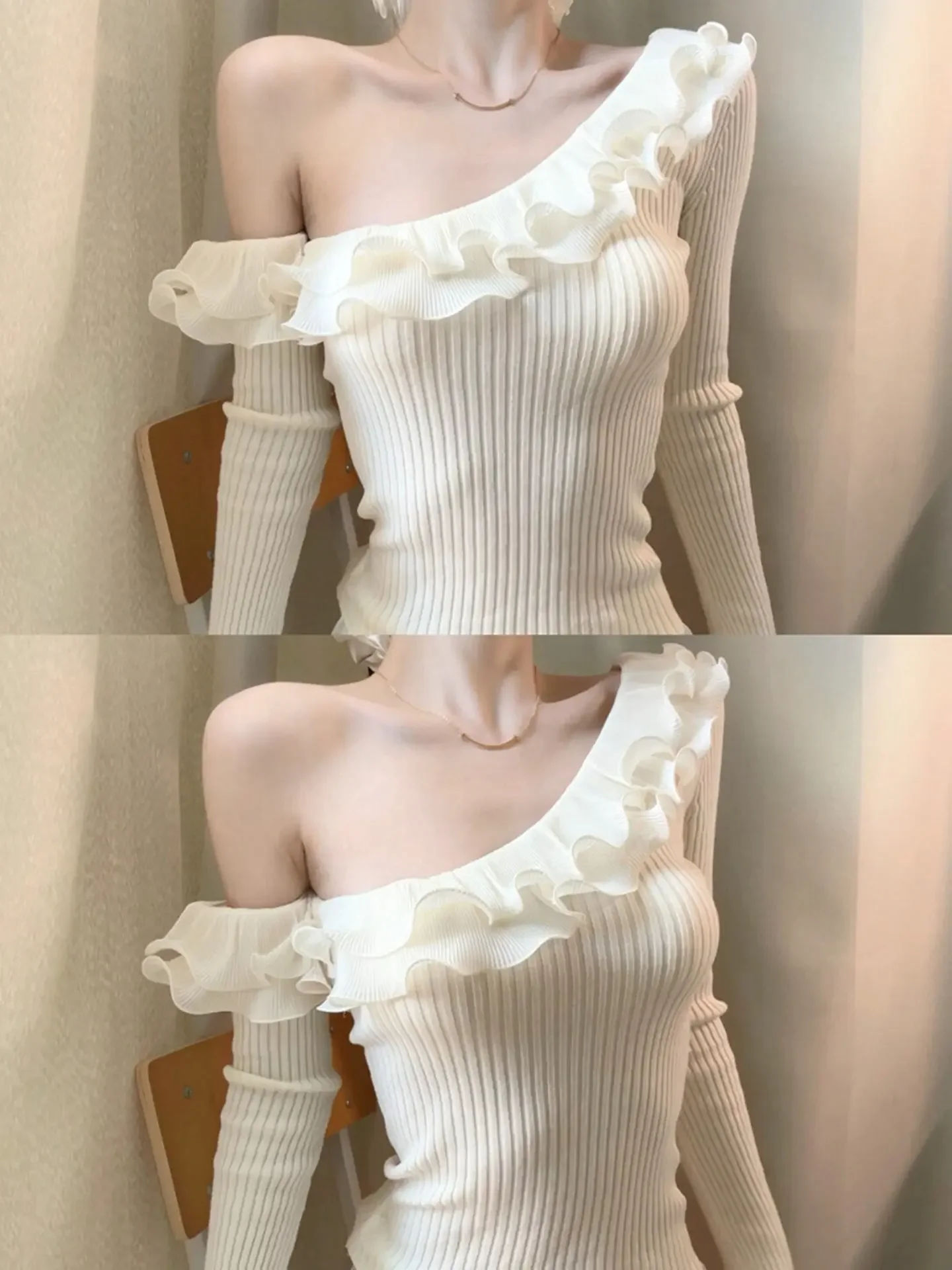 Women Off Shoulder Ruffle Knit Sweater Long Sleeve Stretch Ribbed Knit Top Elegant Casual Blouse Ladies Solid Pullover Shirt
