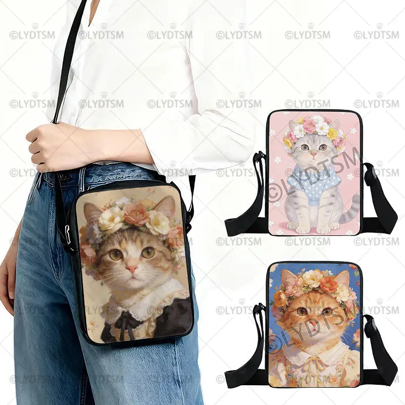 

Милый кот в гирлянды с цветочным принтом, сумка через плечо, тряпичная/британская короткошерстная кошка, женская сумка-мессенджер, держатель для телефона