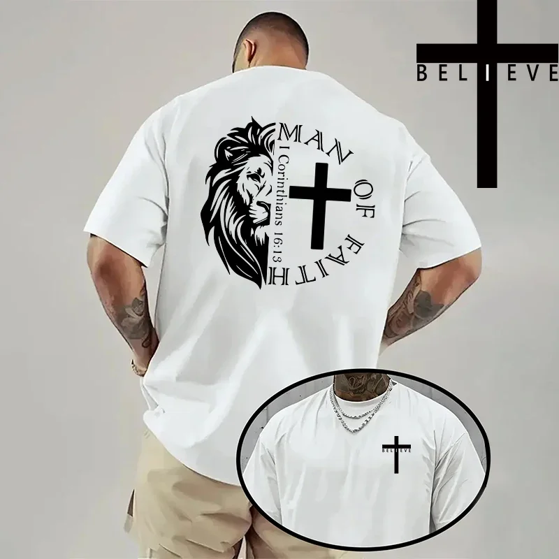Spring Summer Daily Casual Fashion Jesus Cross Cotton Tees Christ Print T-shirt Men High Quality Pure Color Short Sleeve Top