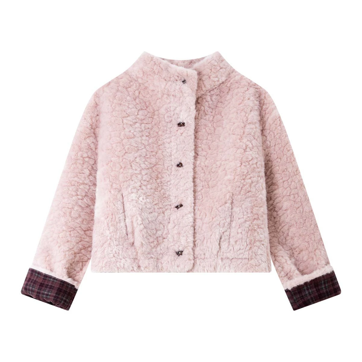 VIMLY Kunstpelzjacke für Damen, 2025, Winter, süß, Stehkragen, Spleiß, kariert, Kunstpelzmantel, lockere Passform, dicke Damenbekleidung 30585