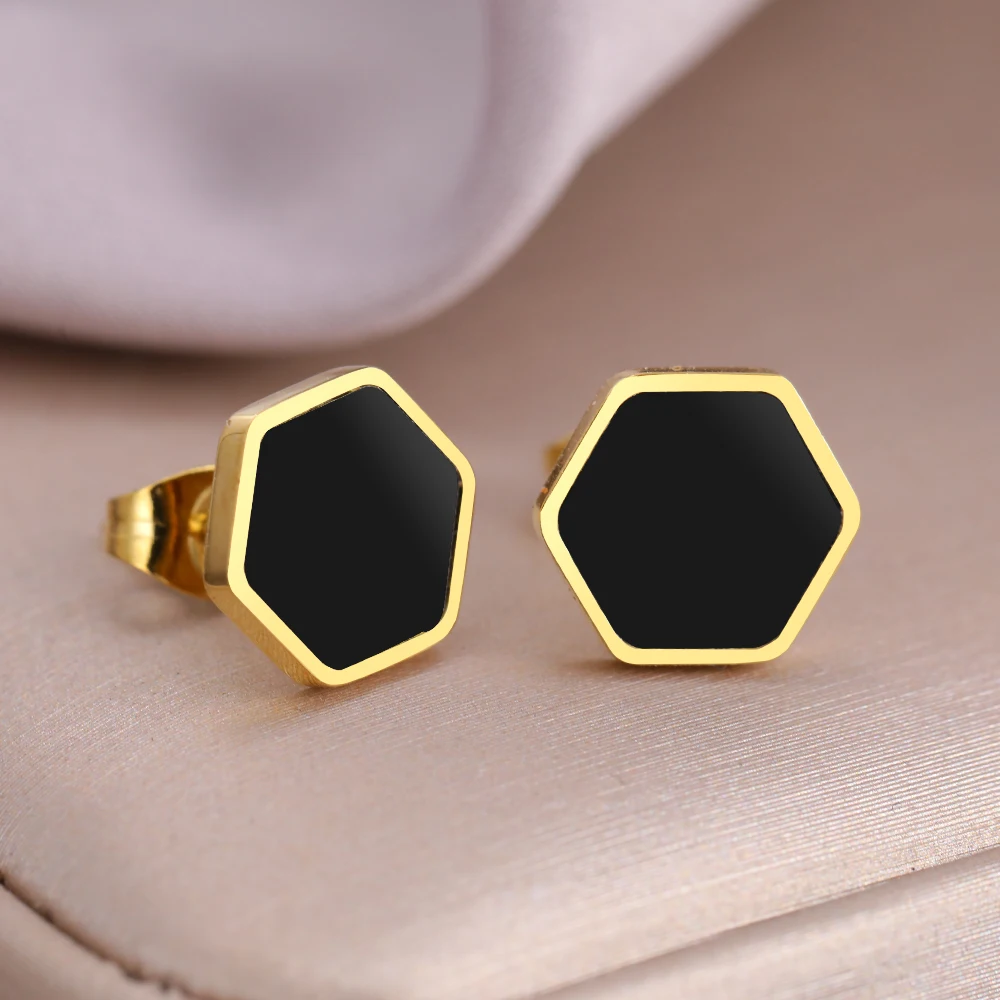 Stainless Steel Earrings Trending Products Black Acrylic Hexagon Stud Earrings For Women Jewelry High-end Sense Wedding Gifts