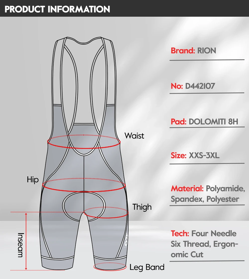 RION Herren Radsport-Trägerhose Rennrad MTB Tights Dolomiti 8H Polsterung Pro Fahrradbekleidung Sommer Sportbekleidung Atmungsaktiv – Detail 2