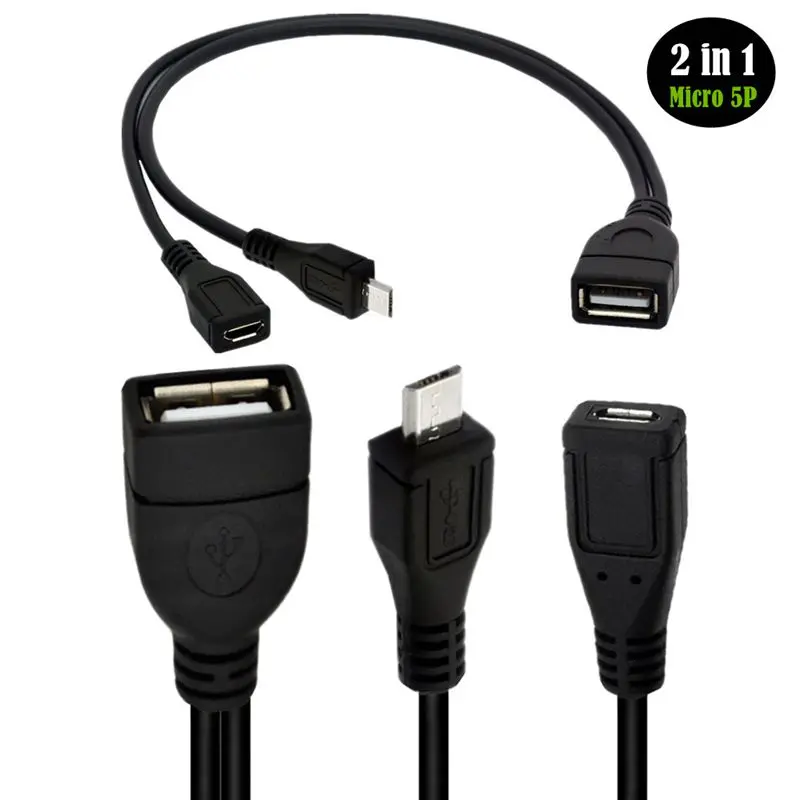 20cm 1/2 USB 2.0 A Female to Micro USB Male+Micro 5-Pin Female Host OTG Data Cable With External Power Supply