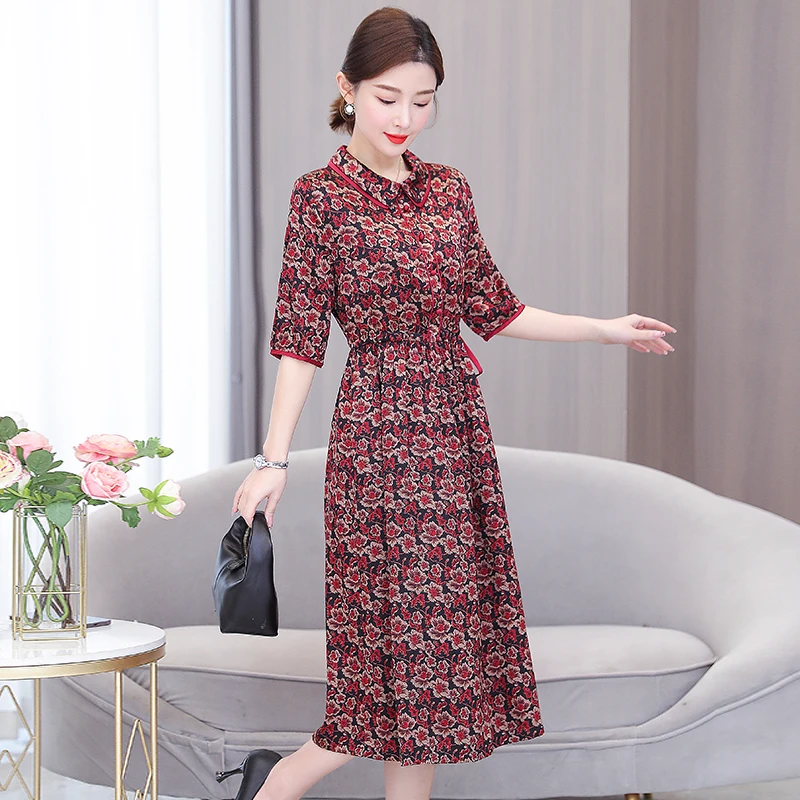 

2023 New Fashionable Silk Printed Dress Women's Summer Retro Fragmented Flower Knee Length Dress Korean Loose Tight Vacation Ves