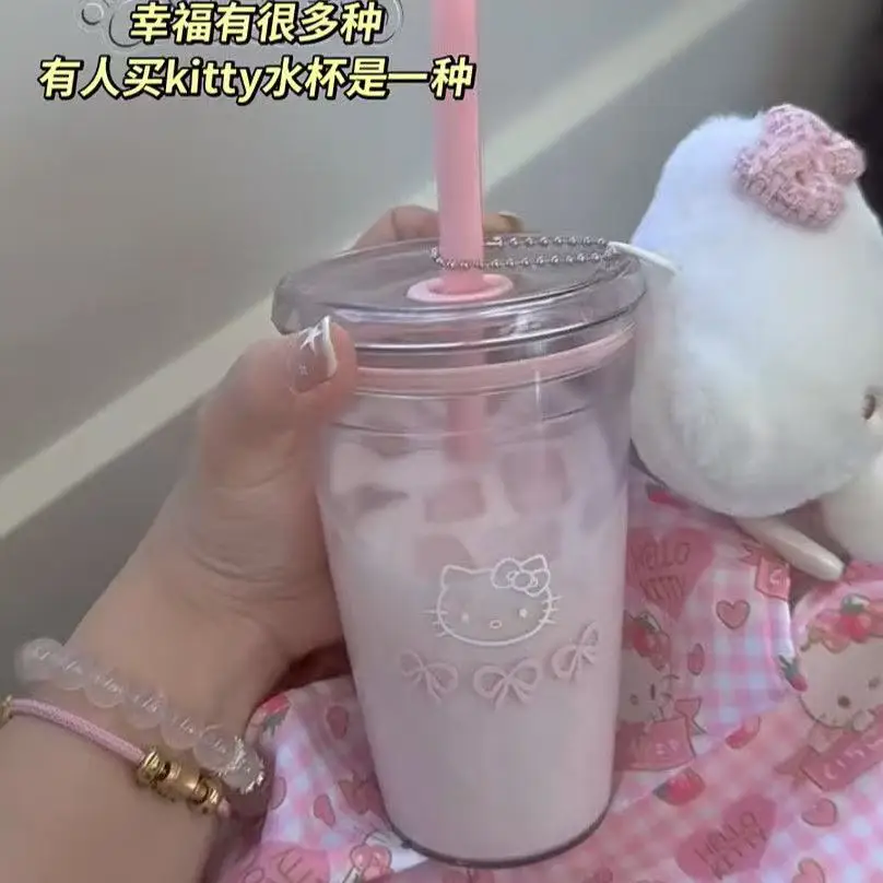 أنيمي سانريو مرحبا كيتي الوردي كوب بقشة سعة كبيرة كوب ماء من البلاستيك الشفاف KT القط Kawaii كوب بلاستك محمول الهدايا #3