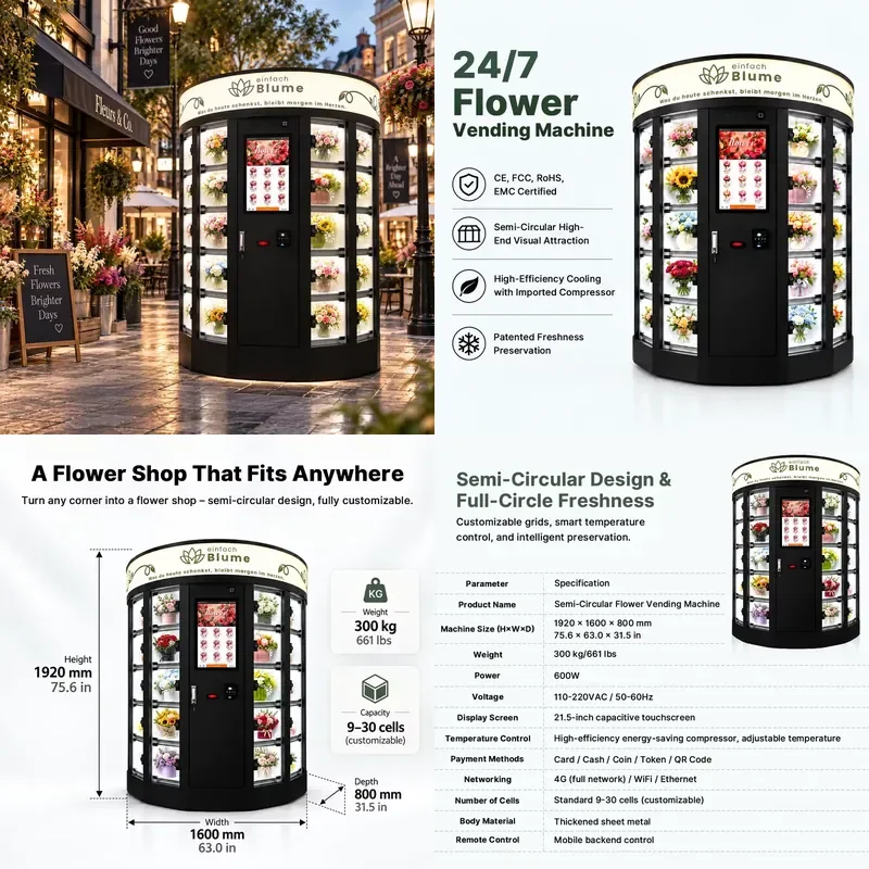 for Blumenautomat Touch Screen Flower Vending Machine Smart Retail Bouquet Dispenser Street Floral Kiosk Automated Price