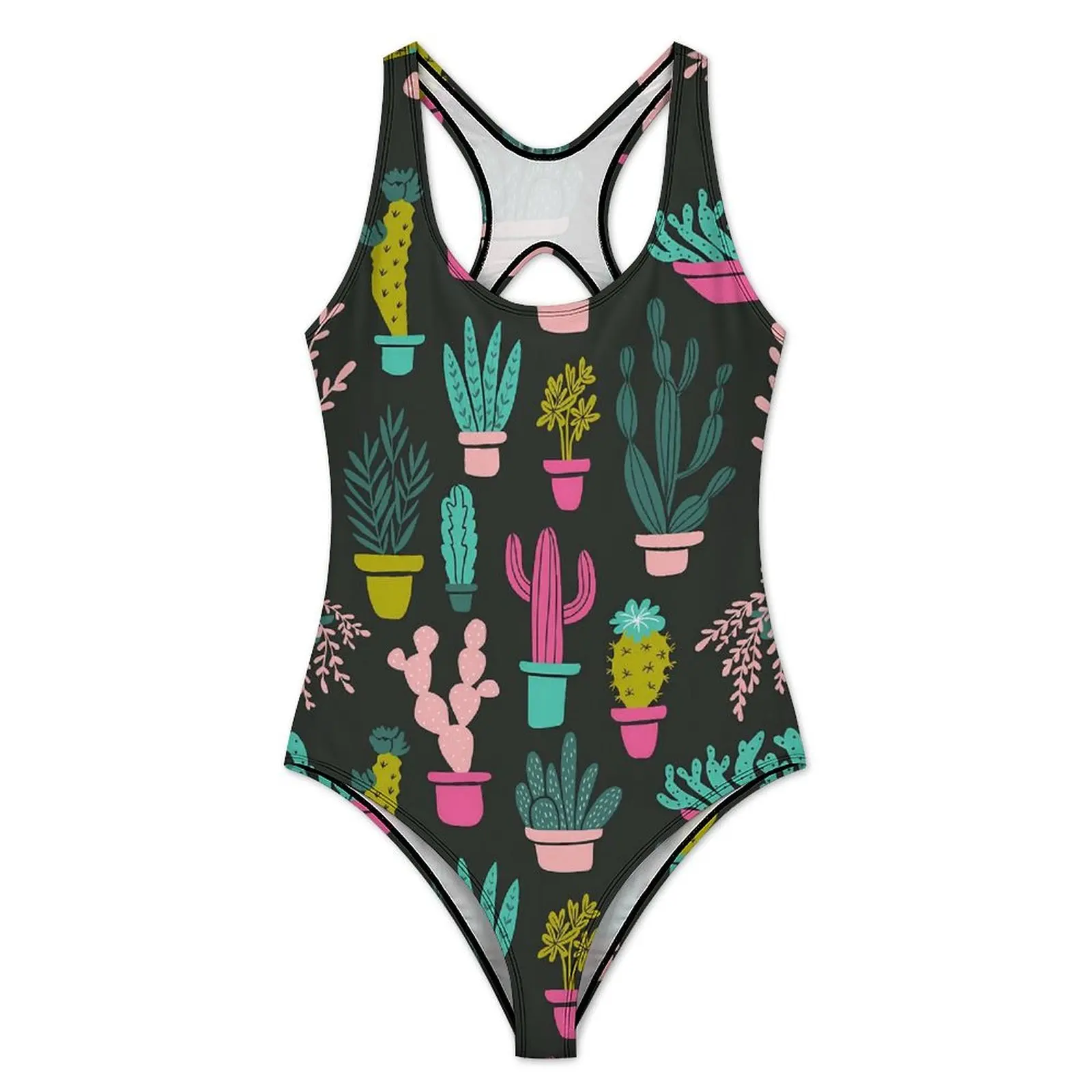 Funny Cactus Swimsuit Cacti Plants Print Swimwear One Piece Holiday Rave Swimsuits Hollow Out Monokini Women Push Up Beach Wear