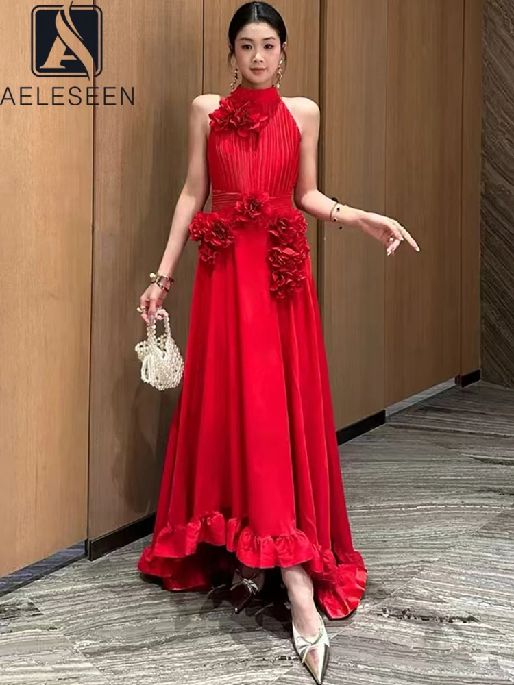 

AELESEEN 2025 Spring Summer Party Dress Women Sleeveless Turtleneck Red Black Luxury 3D Appliques Ruffles Irregular Elegant
