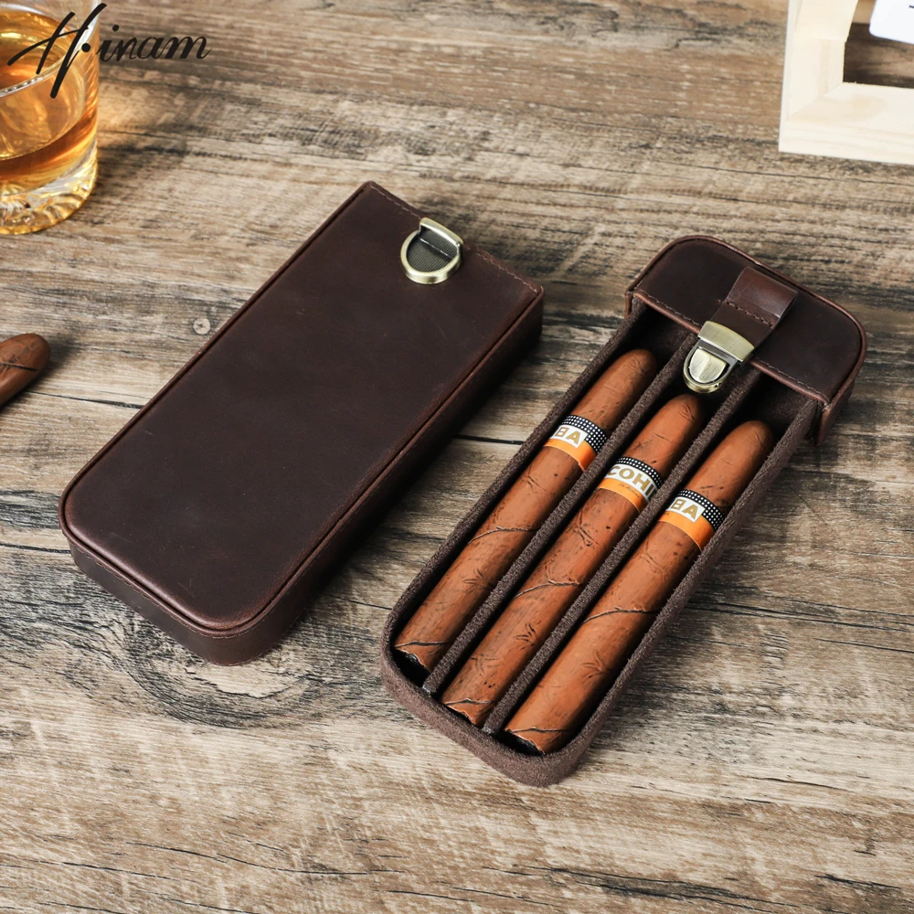 Luxury Retro Genuine Leather 3/6 Slots Cigar Case Humidor Box Travel Portable Cowhide Display Pouch with Brass Buckle Closure