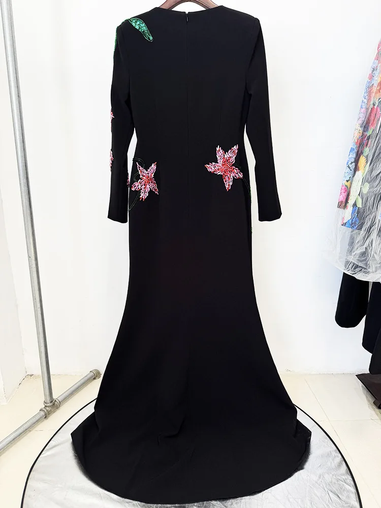 TOP QUALITY Newest Fashion 2025 Designer Party Vestido Women's Flowers Diamonds Beaded Slit Sleeve Long Maxi Dress
