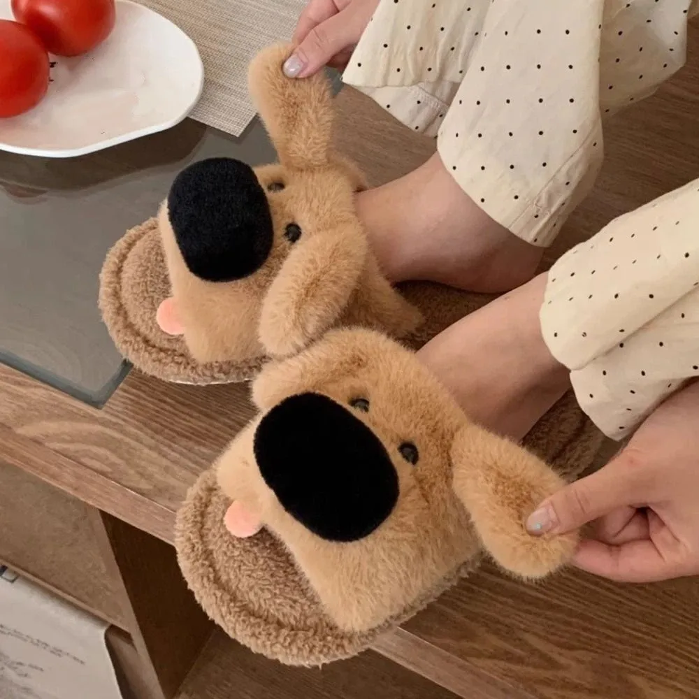 

Homewear Long Ears Dog Slippers Winter Soft Cartoon Furry Slippers Thick Soled Thicken Warm Home Cotton Shoes Indoor