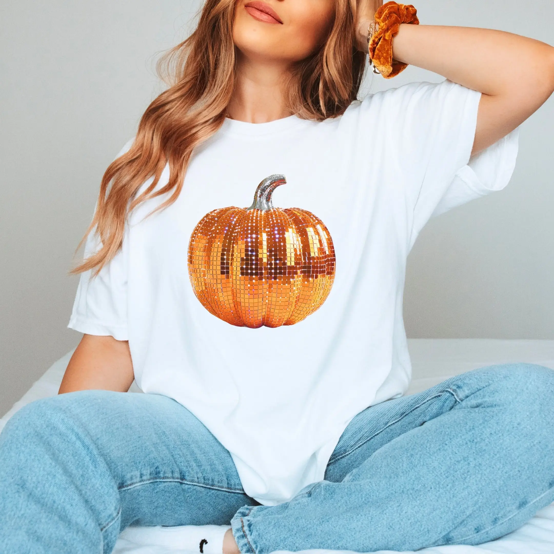 Pumpkin Disco Ball Funny Halloween Retro Comfort Colors T Shirt Teacher