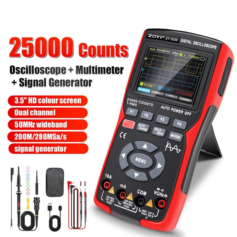 ZOYI ZT703S 3In1 Digital Oscilloscope Multimeter 50Mhz 280MS Rate PC Waveform Data Storage Dual Oscilloscope Generator