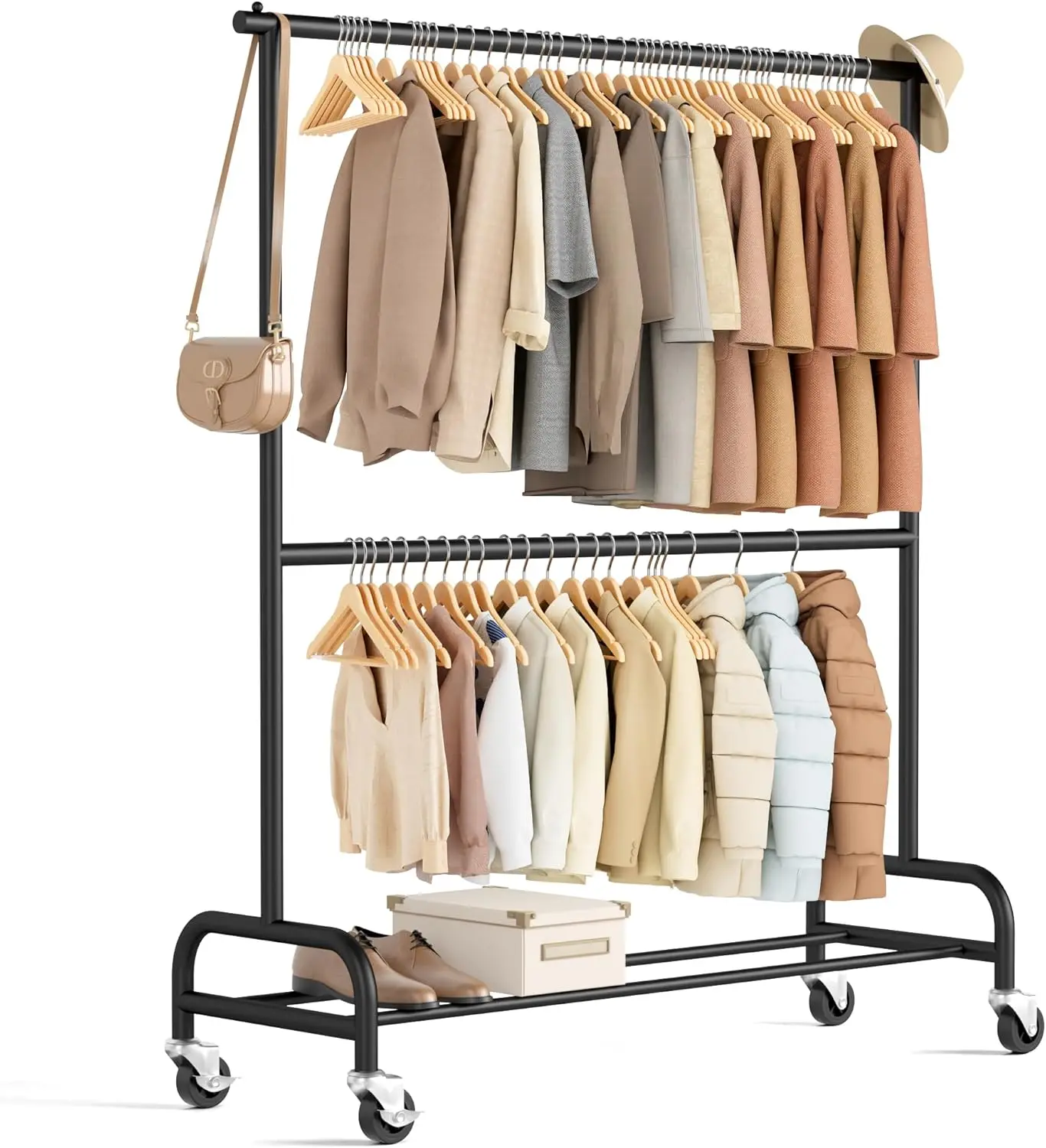 

Heavy Duty Rolling Clothes Rack with Double Rod for Coats and Garments, Matte Black, on Wheels