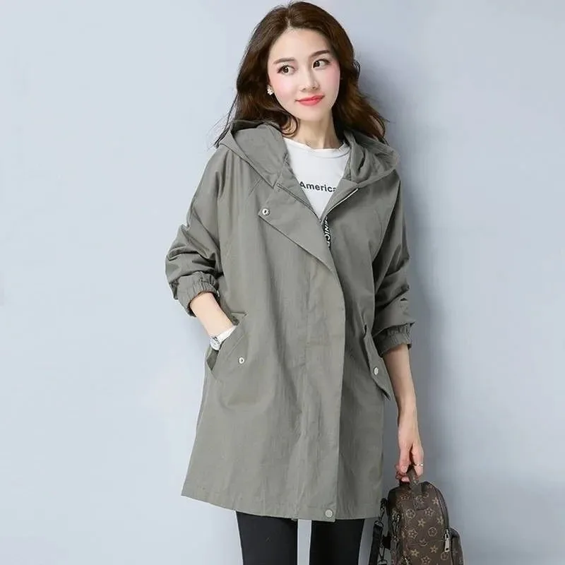 

Women Black Windbreaker Spring Korean Fashion Hooded Outerwear Mid-Length Trench Coat Female Loose Overcoat Tide JJ418