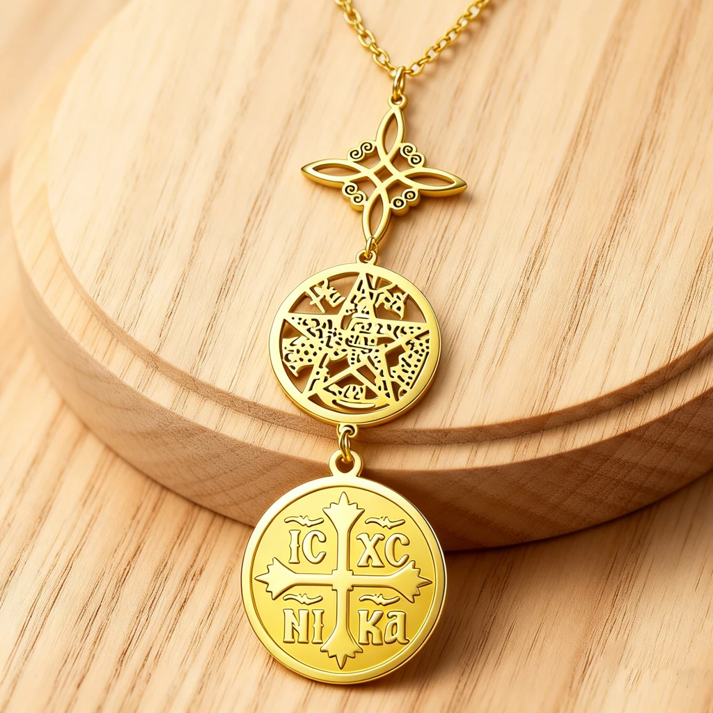 Vintage Triple Protection Pendant Necklace Orthodox Cross Witch Knot Pentagram Tetragrammaton Symbol Pendant Amulet Jewelry view 3