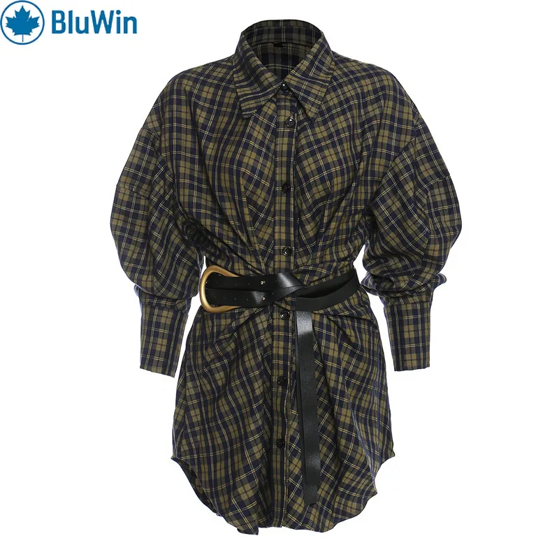 

BluWin Women’s Plaid Belted Shirt Dress – Loose Fit Korean Style Longline Tunic Top