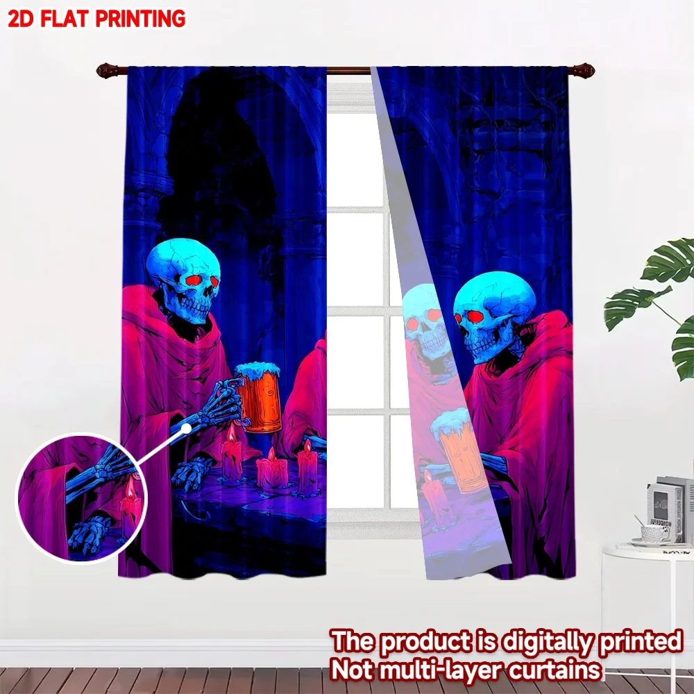 2D flat printing 2pcs Window Treatment Curtains Halloween Skeletons Drinking Beer Digital Printed Polyester Drapes Family Party