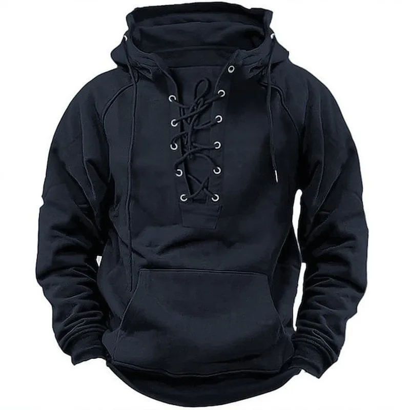 Spring And Autumn New Men's Hooded Solid Color Sweater Blue Sports Multi-Pocket Leather Sweater Tooling