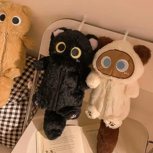 Imagen 2 del producto Estuche para lápices de gato de ojos grandes de felpa de dibujos animados, muñeca divertida súper suave, bolsas para lápices de gran capacidad, bolsa de almacenamiento de papelería multifuncional