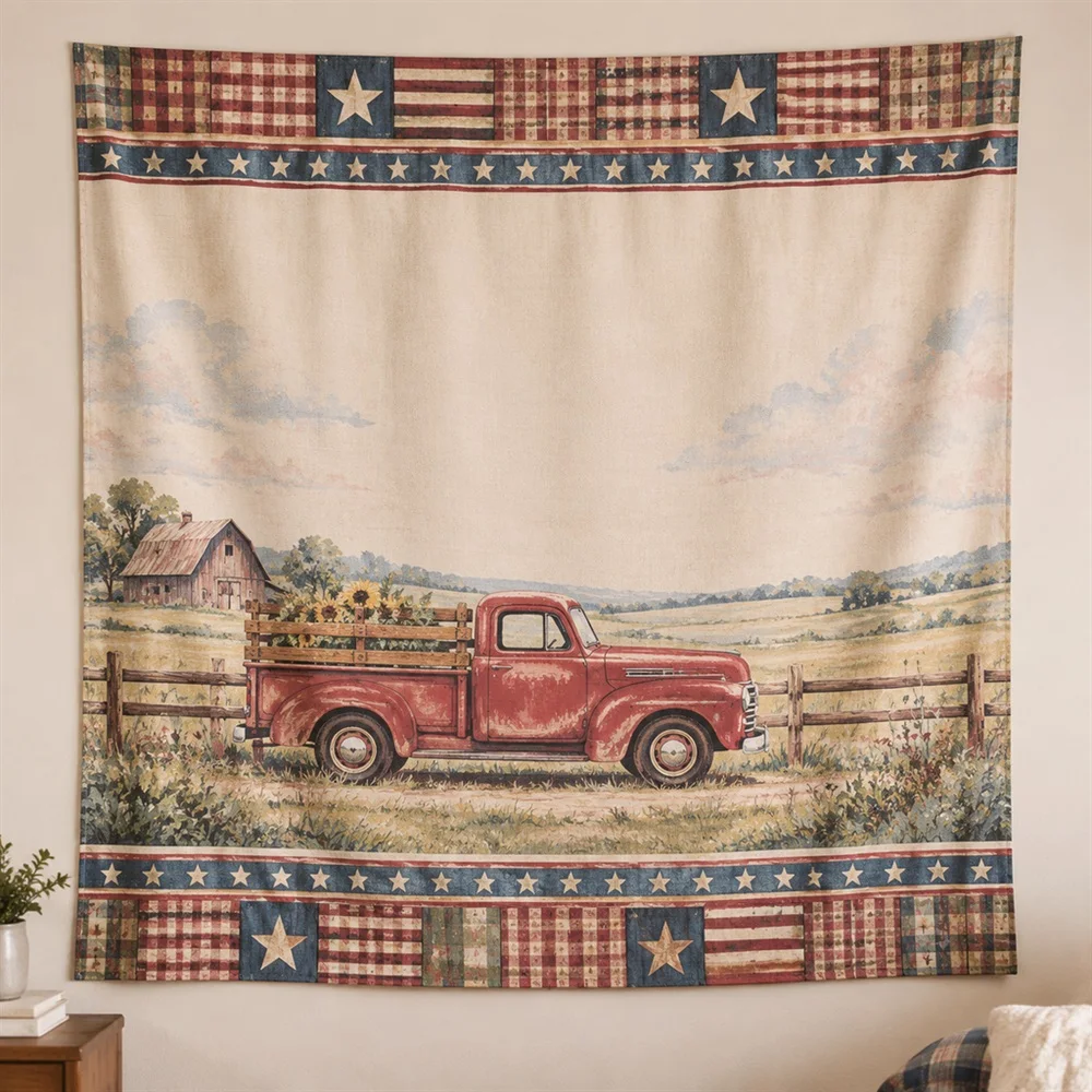 VIKAMA Vintage Pickup Truck Twin Bands Tapestry Wall Hanging, American Wall Art Tapestries for Living Room Bedroom Office Study