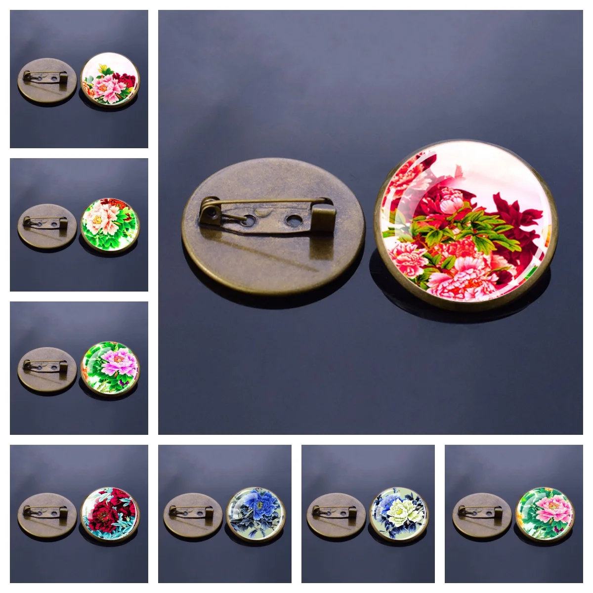 Peony Series Brooch Glass Convex Brooch Buckle Chinese Style Women's and Men's Clothing Accessories Gifts for The Elderly