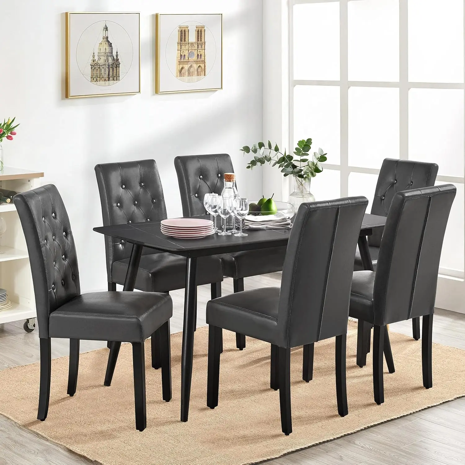 Dining Chair Set of 6, Button Tufted Dining Room Chairs with PU Leather Cushion Padded Dinner Chair Tall Back with Sol