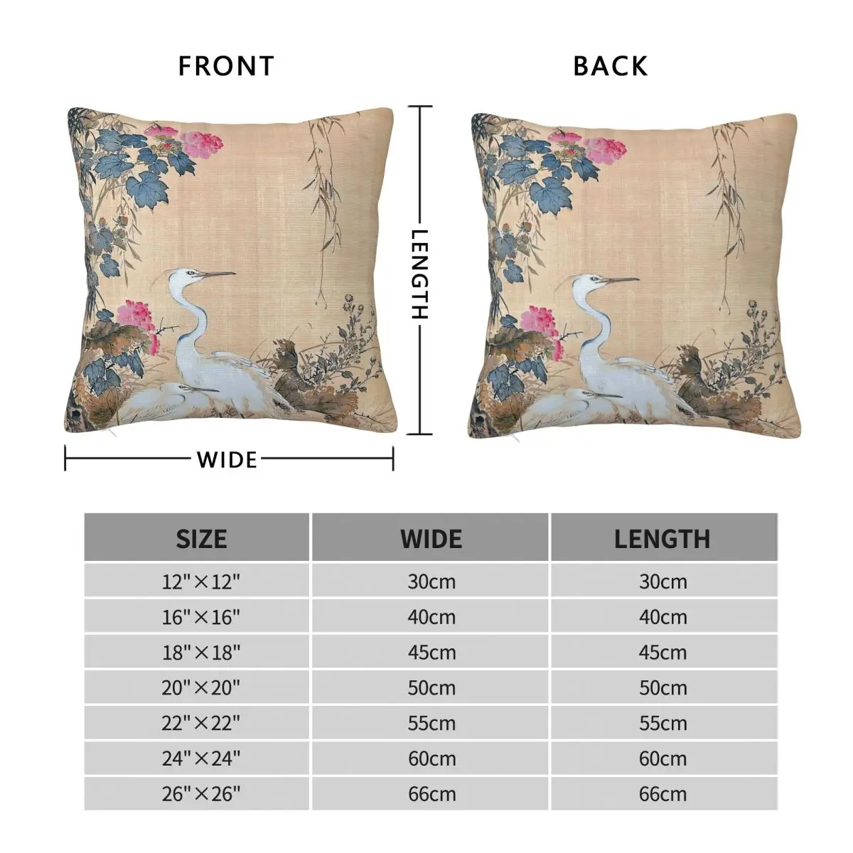 Yamamoto Baiitsu Egrets Peonies Willows Square Pillowcase Polyester Linen Velvet Pattern Zip Decor Sofa Cushion Case 45x45