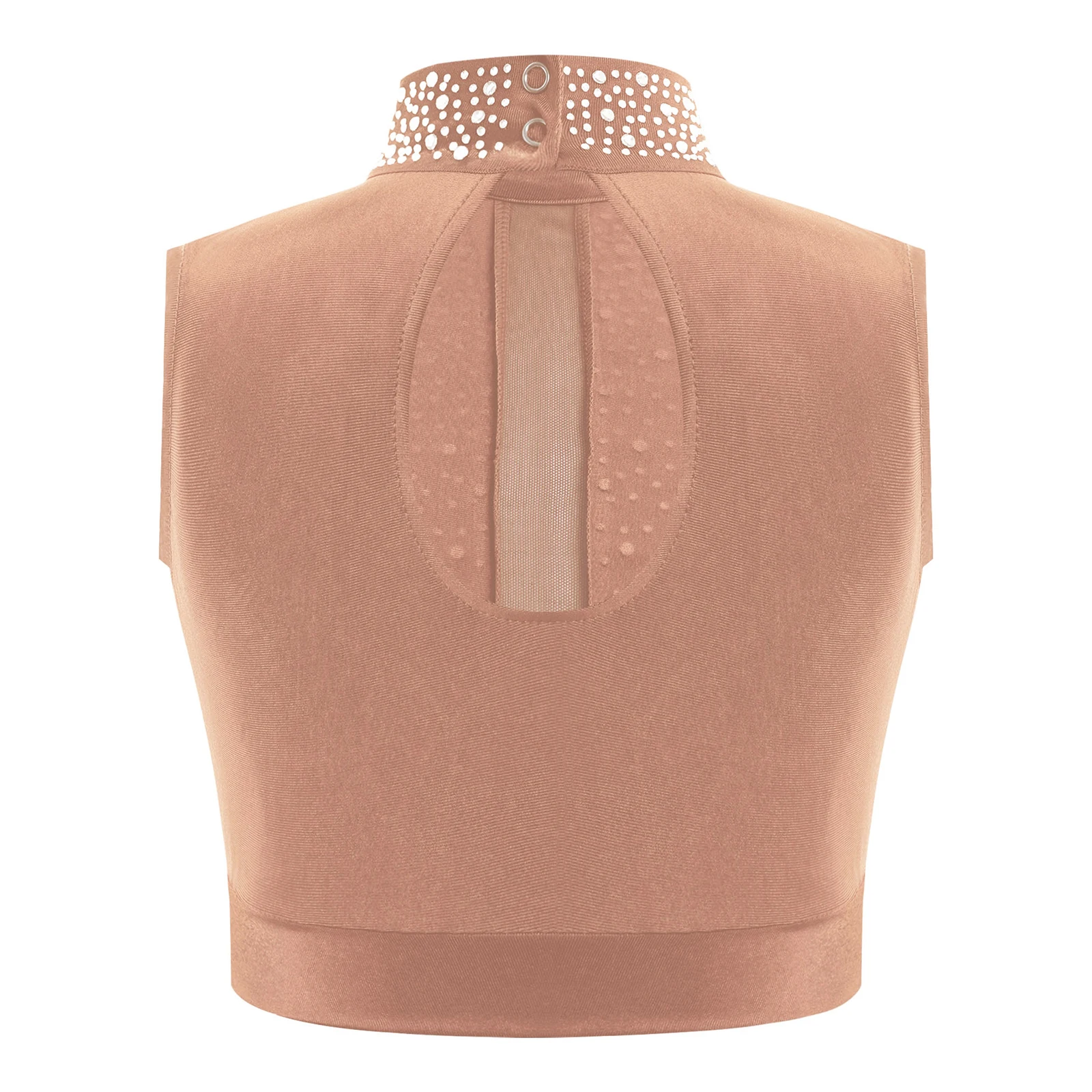 Ginnastica per ragazze Pattinaggio di figura Danza Top Lucido increspato Sheer Mesh Overlay Una spalla Top corto per la danza moderna del salone