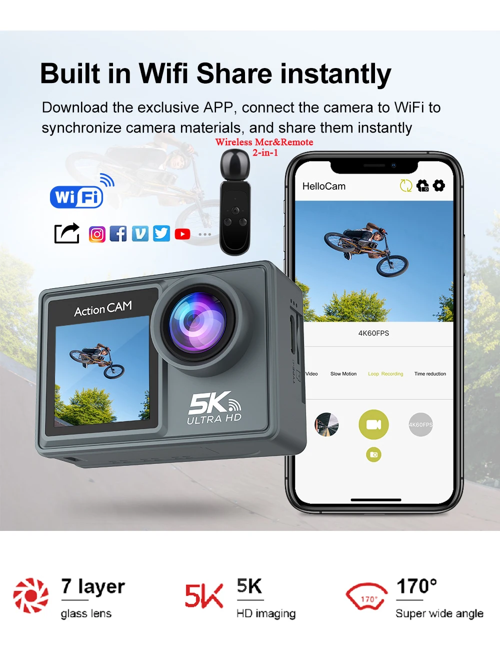 Kamera sportowa 5K 4K60FPS z podwójnym ekranem dotykowym IPS, funkcją DVR, stabilizacją obrazu EIS i kątem widzenia 170° °   Wodoodporna kamera sportowa z 5-krotnym zoomem i bezprzewodowym mikrofonem oraz pilotem zdalnego sterowania, zasięg — zdjęcie produktu 7