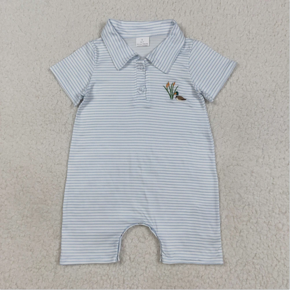 

Infant Boutique One-Piece Bodysuits Onesie Baby Girls Embroidery Baby Infant Boys Blue Stripe Duck Button Shorts Rompers