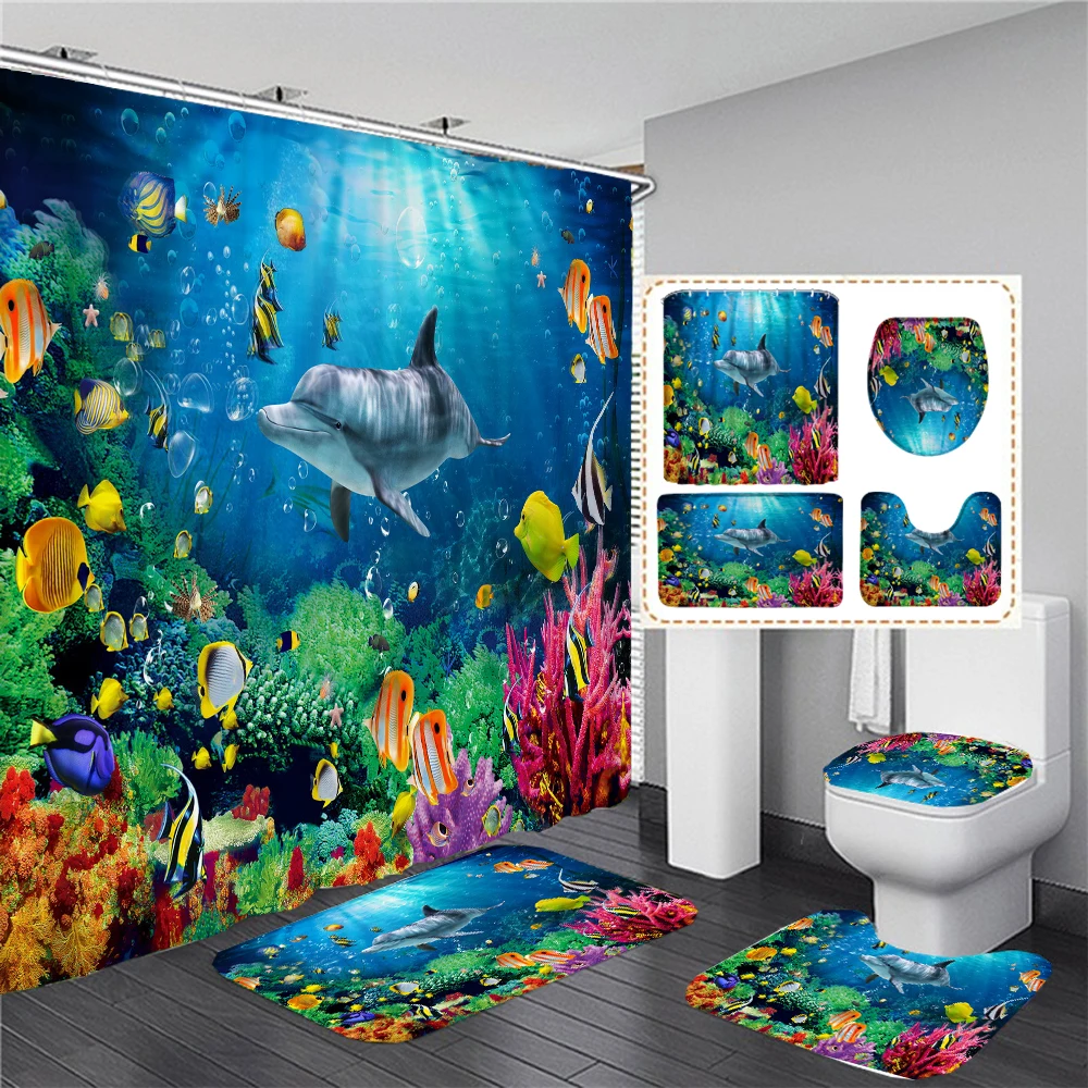 Dream Starry Sky Ocean Jellyfish Bathroom Waterproof Shower Curtain Set with 12 Hooks Bath Non-Slip Mat Rugs Toilet Seat Cover