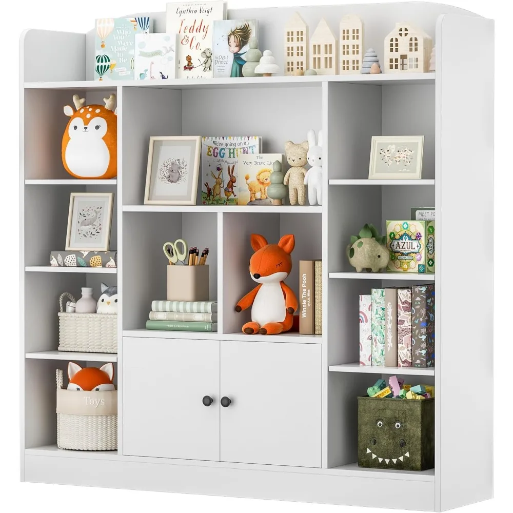 White Kids Bookshelf, Kids Bookcase with 11 Cubbies and 2 Cabinets, Freestanding Book Storage Shelves for Bedroom, Playroom image 6
