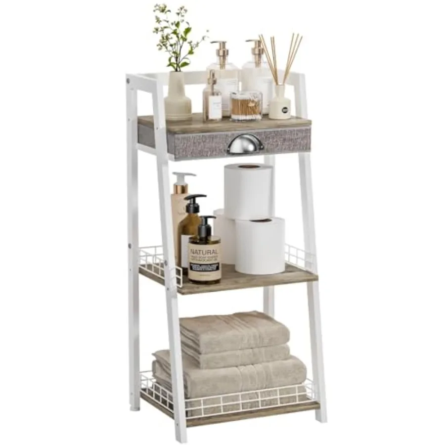 

3-Tier Small Bathroom Shelves with Drawer Floor Storage Shelf Small Bathroom Stand Rack Freestanding Ladder Shelf for Living Ro