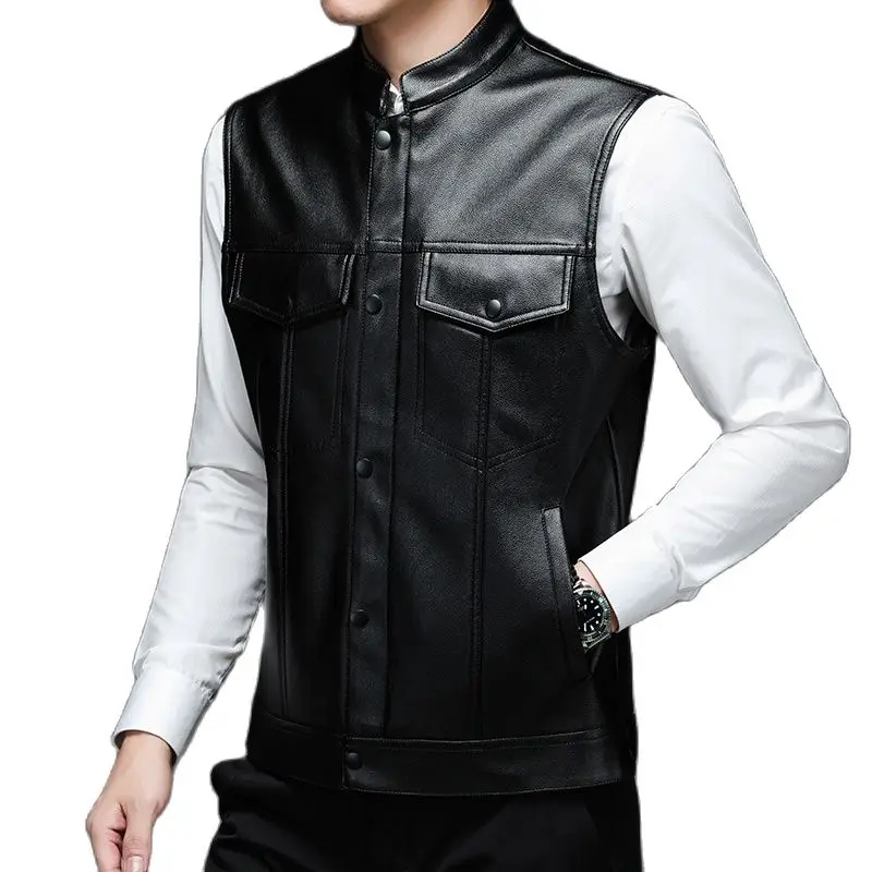 2024 New Men Leather Jacket Loose Top Classic Black Sleeveless Motorcycle Coat Size XXXL Male Business Casual Vest