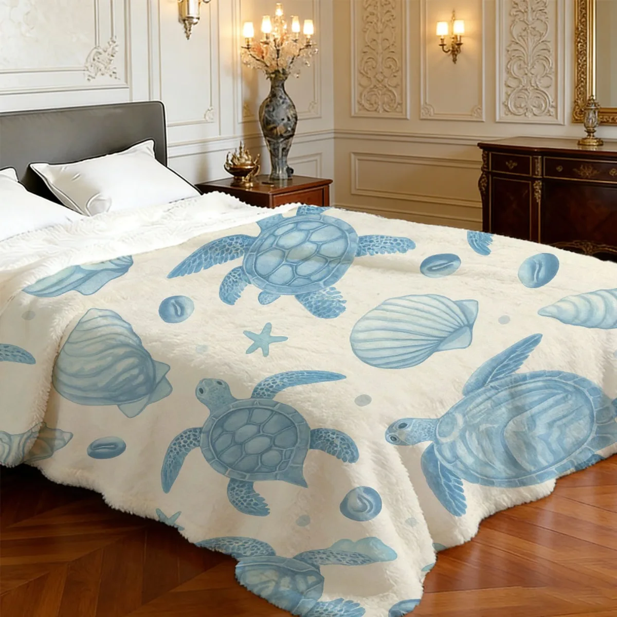 Cute Ocean Theme Turtle Beach Blanket Throw for Nursery Decor Baby Kids Coastal Bedspread Soft Plush Gift