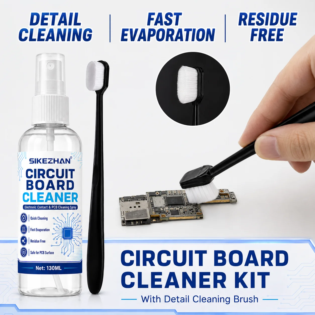 Circuit Board Cleaning Spray 130ml with Precision Brush, Residue-Free Cleaner for PCB, Computer Parts and Electronic Components