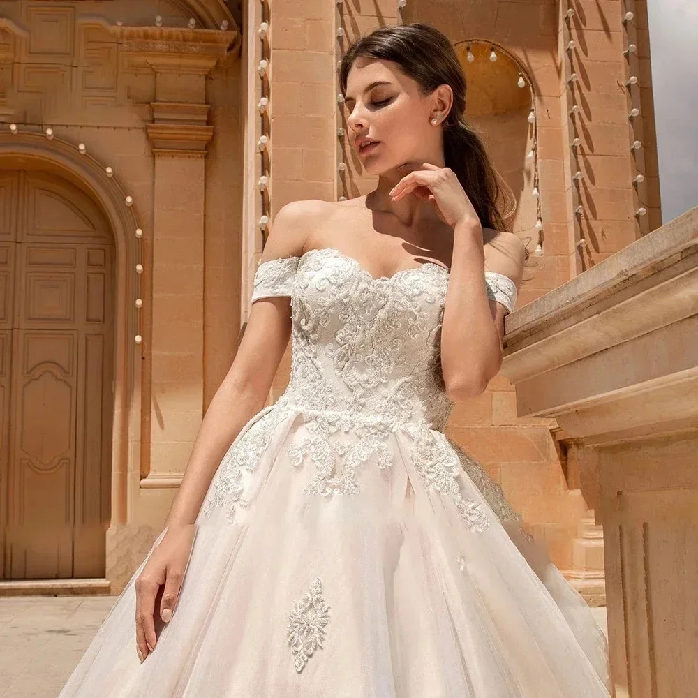 로맨틱 볼 가운 오프 숄더 웨딩 드레스 스위트하트 칼라 레이스 아플리케 비즈 신부 가운 베스티도 데 노비아 맞춤 제작