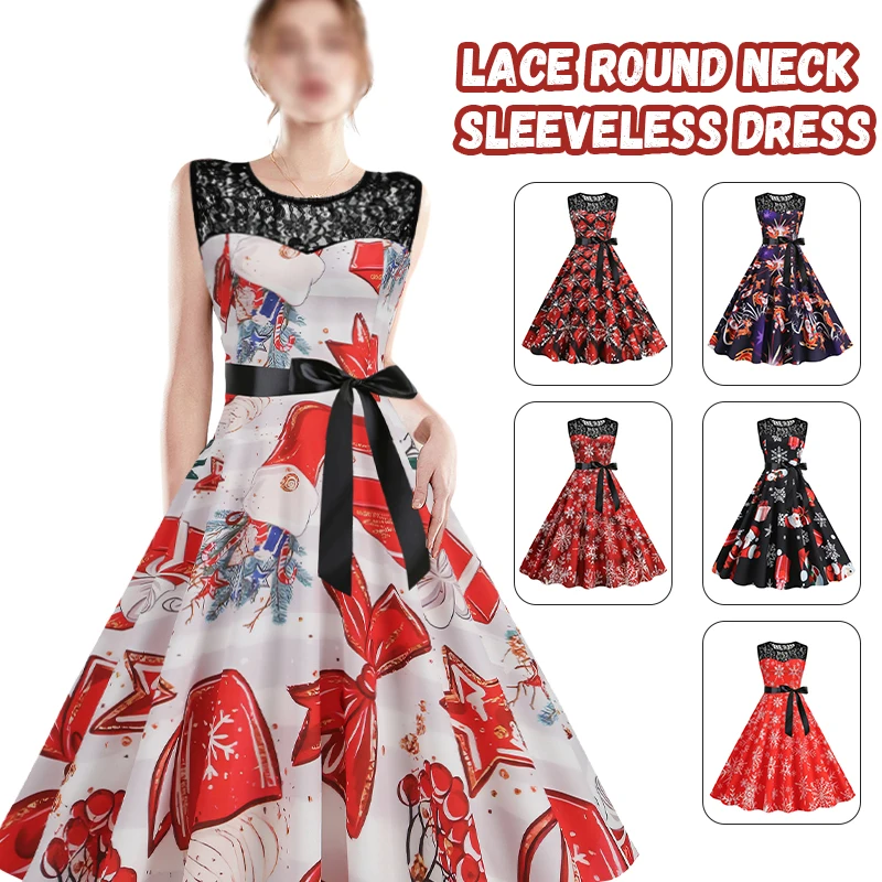 

Christmas Dress Women Elegant 50S 60S Swing Vintage Party Dresses Autumn Winter Snowflake Santa Claus Print Christmas Cosplay