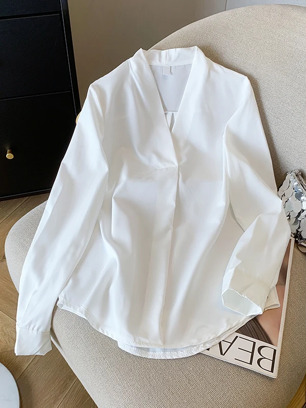 

Весна 2026: Женская свободная повседневная блузка с длинным рукавом и V-образным вырезом, белая, осенне-зимняя, свободного кроя, удобная, из полиэфирного волокна