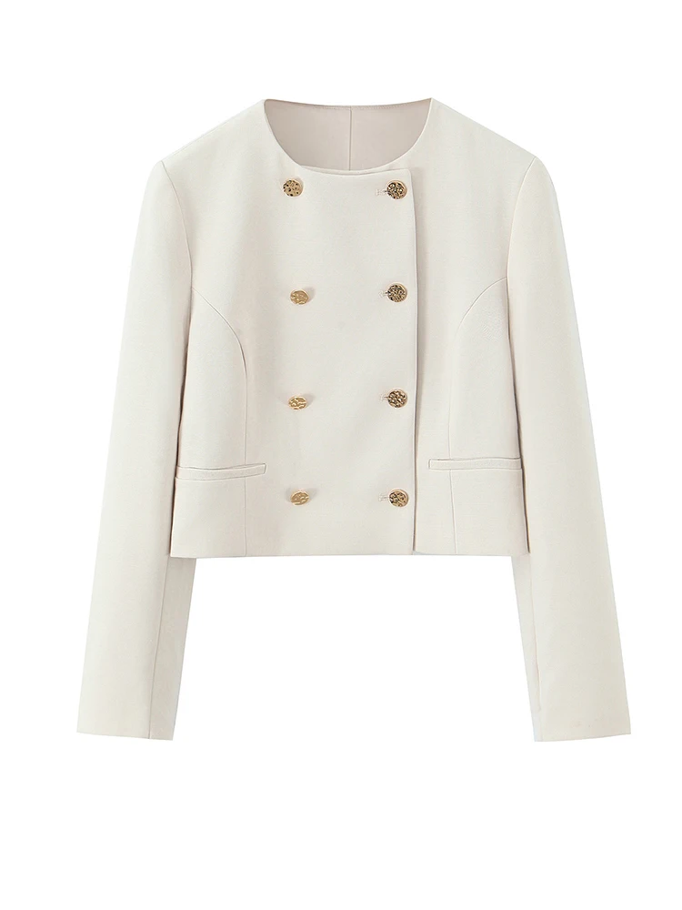 

Women Golden Double Breasted Short Blazer Black Beige Crew Neck Jackets Coat