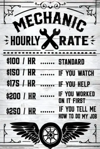 Mechanic Hourly Rate Funny Sign Weatherproof Aluminum 12