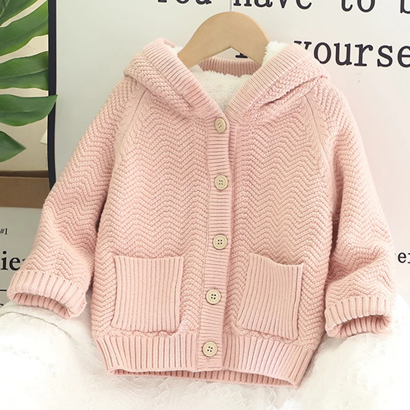 2023 Winter New Boys Sweater Jacket Lining Plus Velvet Thicken Keep Warm Hooded Overcoat For 1-8 Years Girls Knit Cardigan