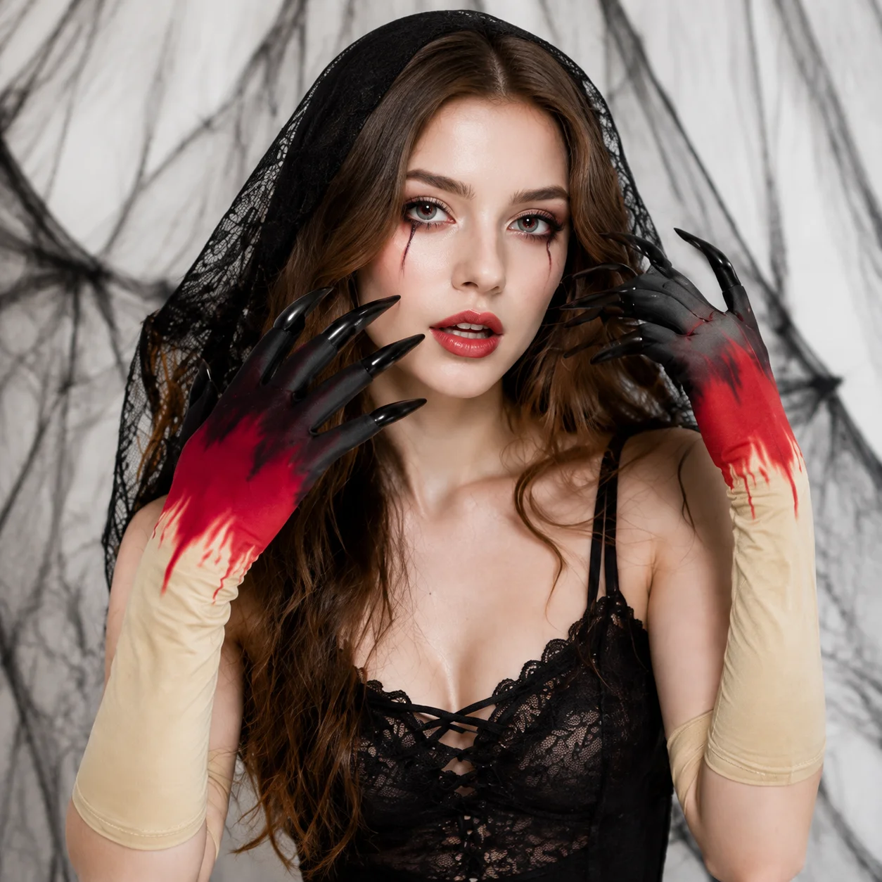Horror Blood Print Long Sleeve Gloves With Sharp Claws Adult Halloween Masquerade Spooky Cosplay Costume Accessories Hand Props