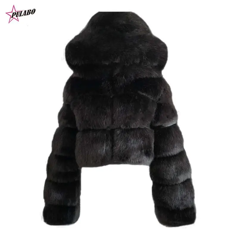 

High Quality Furry Cropped Faux Fur Coats And Jackets Women Fluffy Top Coat With Hooded Winter Fur Jacket Manteau Femme