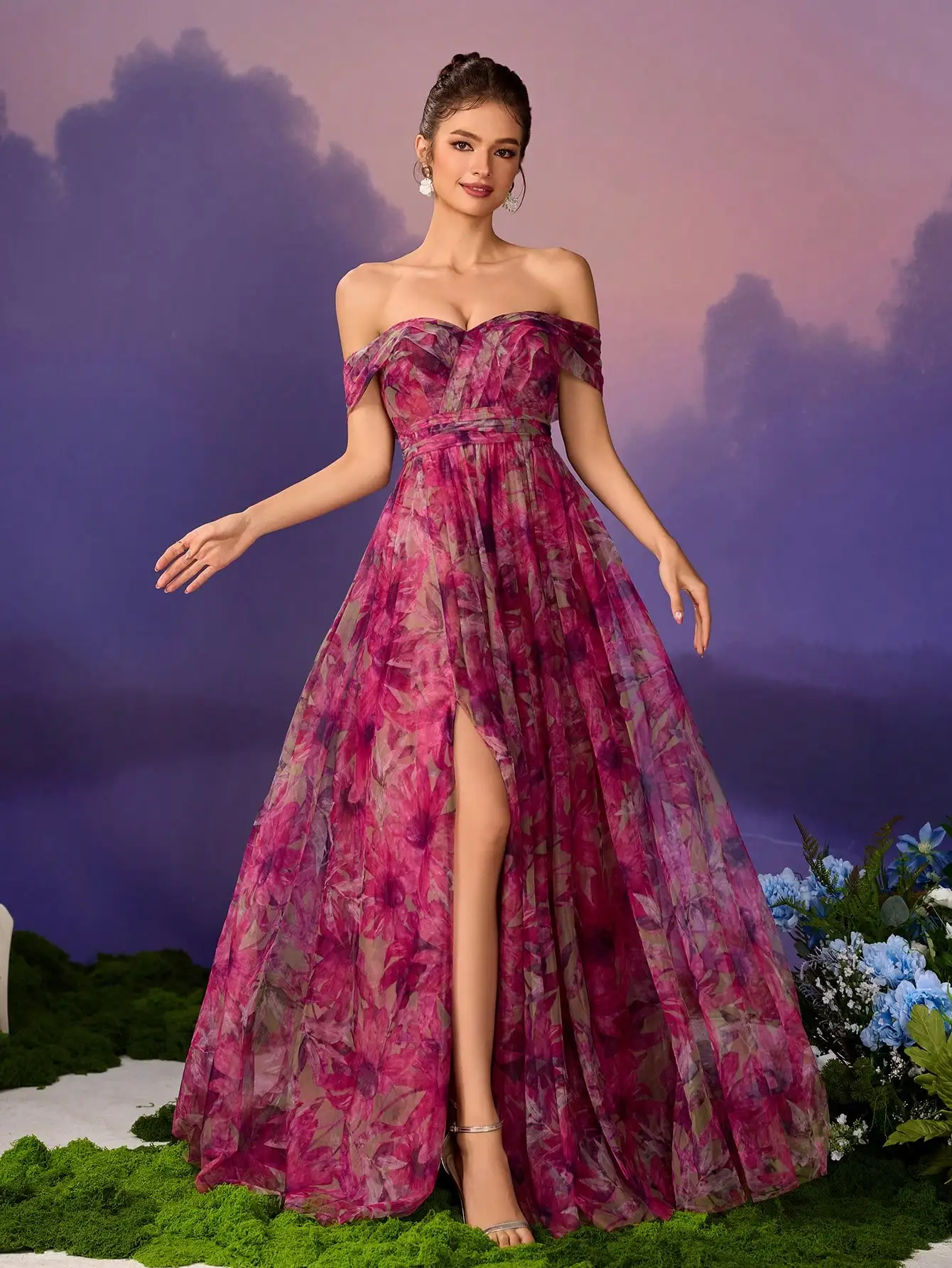 

Платье макси с цветочным принтом и открытыми плечами, с высоким разрезом, вечернее платье для торжественных мероприятий