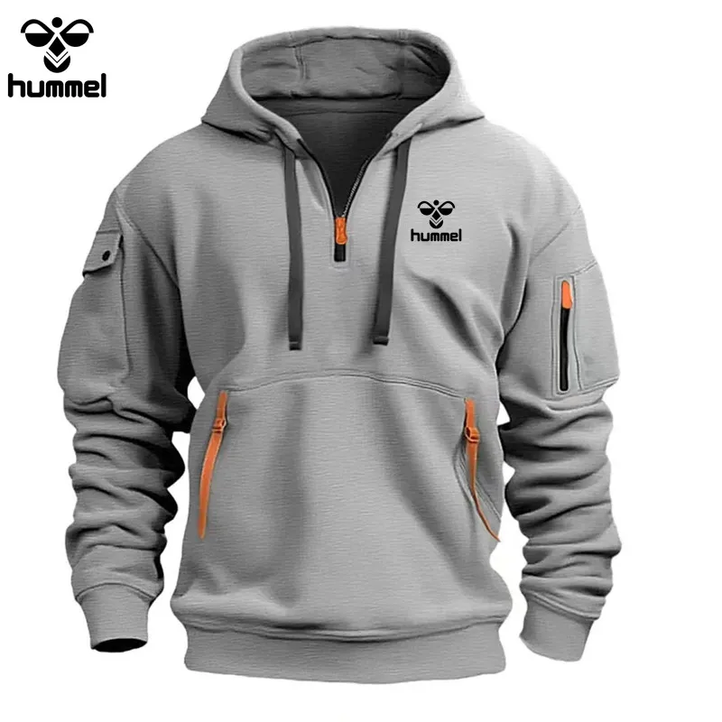 2024 New Brand HUMMEL Pocket Zipper Wool Hoodie Casual Shirt, Men and Women Plus Size Loose Pullover Fashion Sweatshirt Top